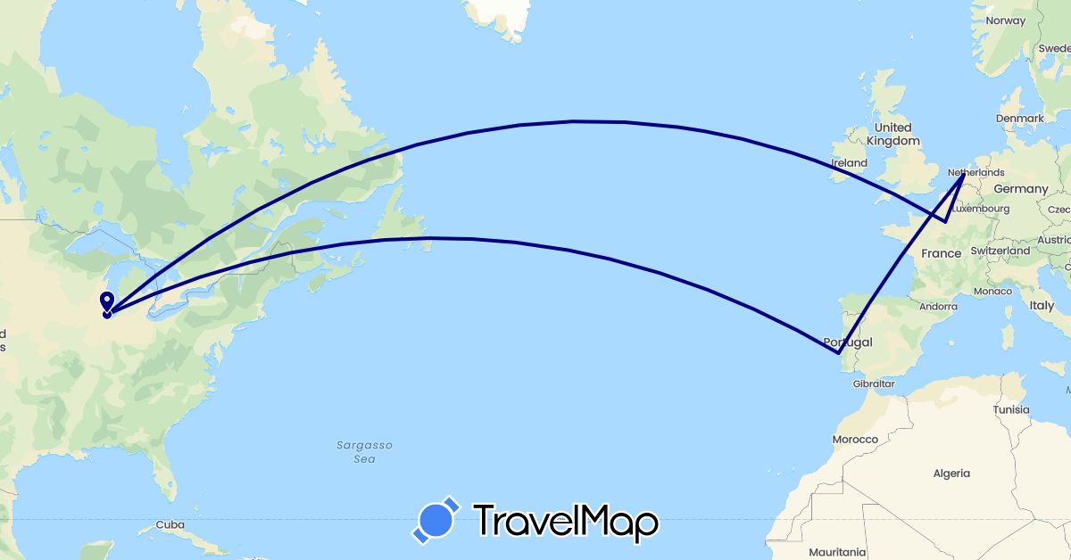 TravelMap itinerary: driving in France, Netherlands, Portugal, United States (Europe, North America)